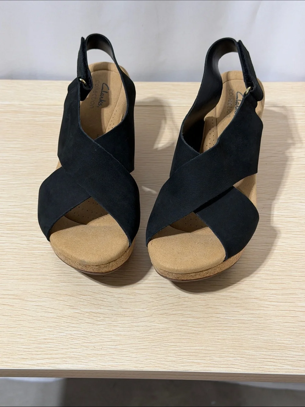 Clarks Black Suede Cross-Strap Wedge Sandals